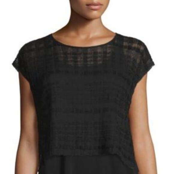 Eileen Fisher Petite Sheer Hemp Shadow Plaid Short Sleeve Tee, size PM - Picture 1 of 11